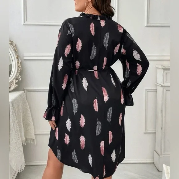 Boho Plus Size Feather Print Flounce Long  Sleeve Dress - Picture 8 of 8